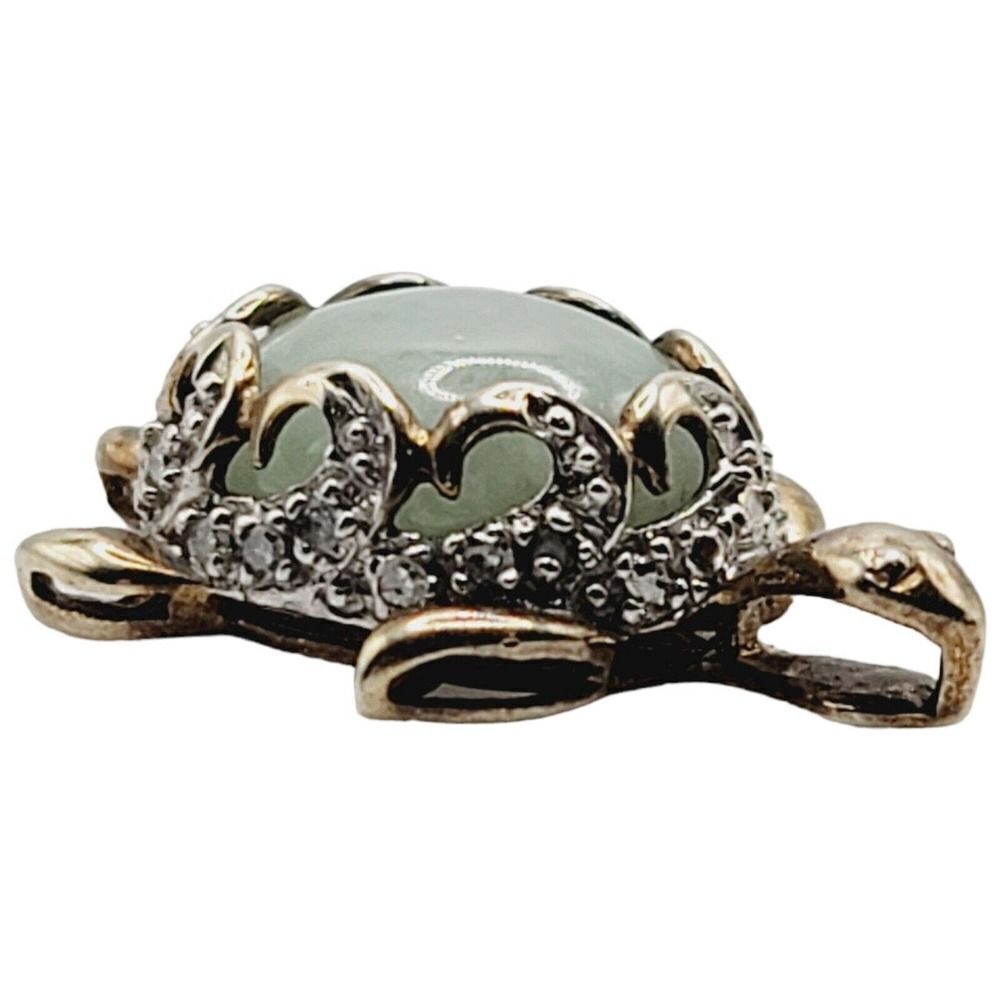 Sterling Silver 925 Vermeil Turtle Necklace Pendant Natural Jadeite and Diamonds